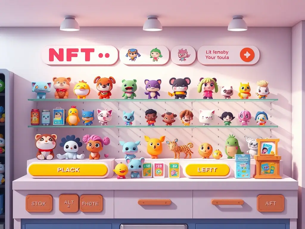 A screenshot of the NFT marketplace within the game, showcasing various NFT characters and items available for trading. The interface is user-friendly and designed for young players.
