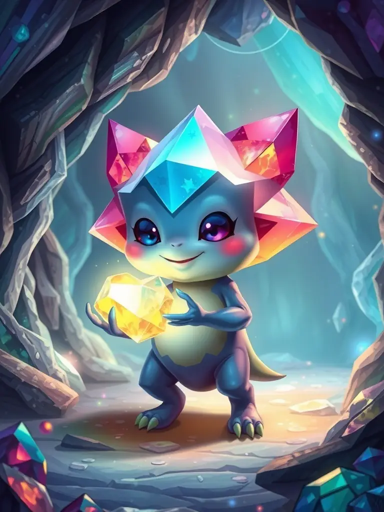A digital rendering of a 'Crystal Collector' NFT, depicted as a friendly, gem-like creature holding a glowing crystal. The background shows a crystal mine within the game.