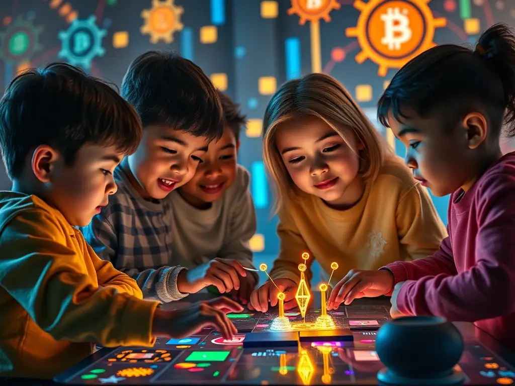 A vibrant and engaging screenshot from the kids' game, showcasing a group of diverse characters collaborating on a puzzle within a colorful, blockchain-themed environment. The image emphasizes the game's interactive and educational aspects.