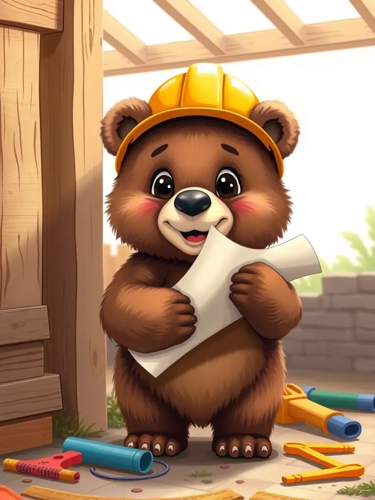A playful illustration of a 'Builder Bear' NFT, a cute bear character wearing a construction hat and holding a blueprint, standing next to a partially built structure in the game.