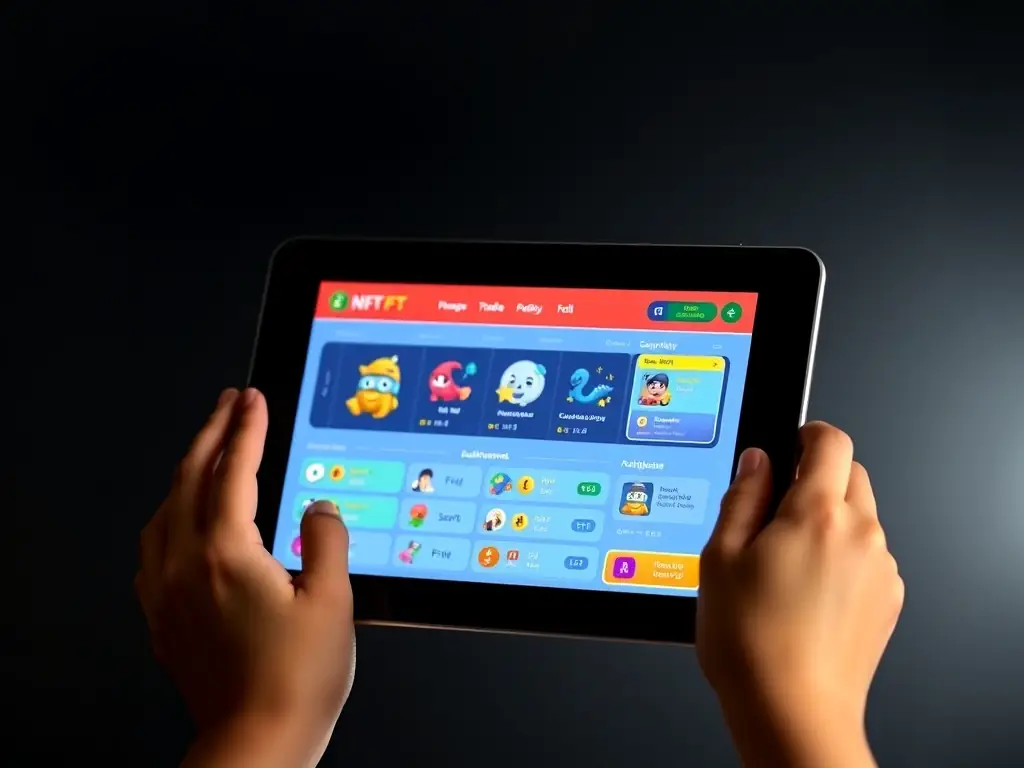 A close-up shot of a child's hands interacting with the game on a tablet, focusing on the NFT trading interface. The NFTs are colorful and visually appealing, representing various in-game achievements and characters.