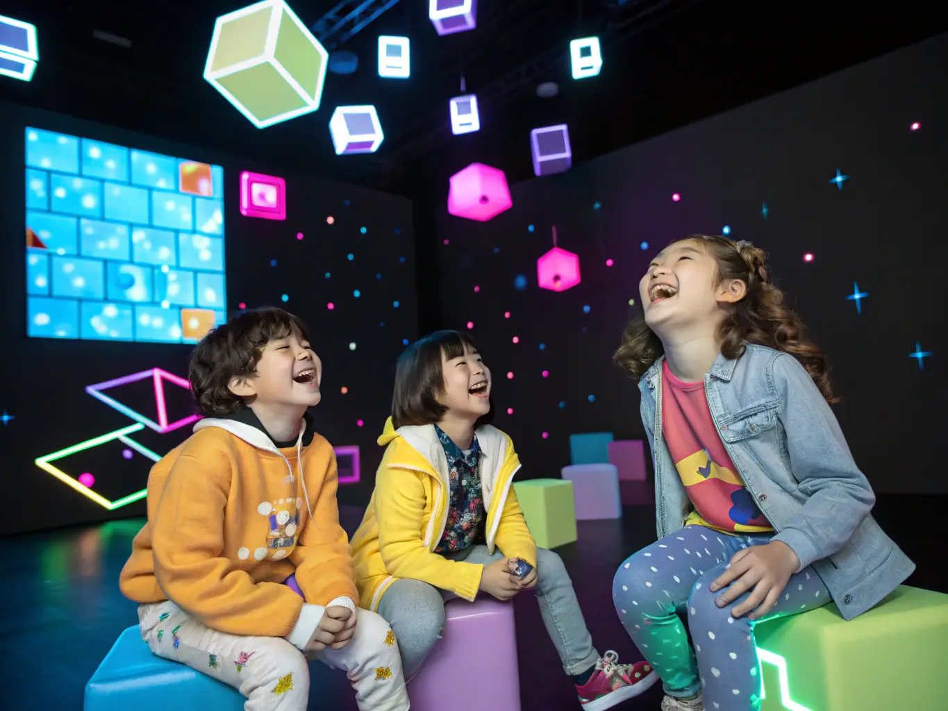 An animated scene from the game, depicting children participating in a virtual event within the game world. The scene highlights the social and community aspects of the game, with kids interacting and collaborating in a safe online space.