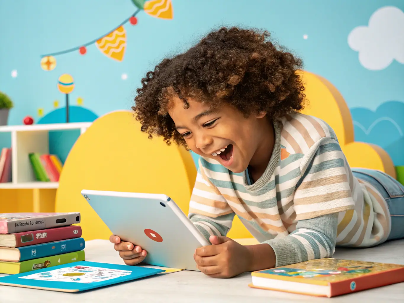 A vibrant screenshot from the kids' game, showing a child avatar interacting with a blockchain-themed puzzle. The scene is colorful and inviting, with clear visual cues for gameplay.